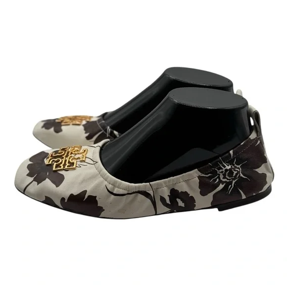 TORY‎ BURCH Women's Cream/Brown Leather Elastic Britten Ballet Flats Size 7.5